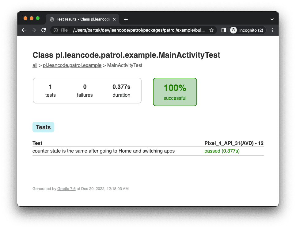 Test results generated by Gradle