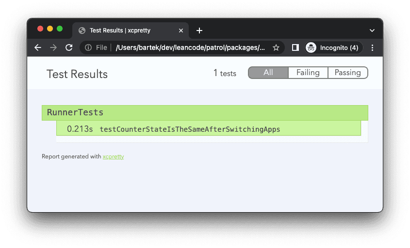 Test results by xcpretty